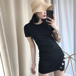 Buttoned Short-sleeve Bodycon Dress