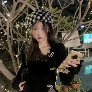 Bow Irregular Lettuce Edge Knit Top Black - One Size