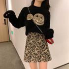 Smile Furry Sweater / Leopard Pattern A-line Skirt