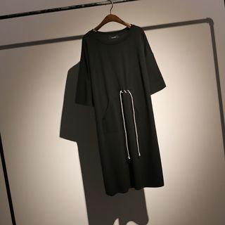 Drawstring Detail Elbow-sleeve Midi T-shirt Dress