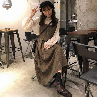 Long-sleeve Frill Trim Chiffon Shirt / Plaid A-line Midi Dungaree Dress