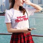 Set: Embroidered Short-sleeve T-shirt + Plaid A-line Midi Skirt