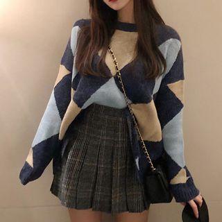 Argyle Sweater / Mini Plaid Pleated A-line Skirt