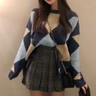 Argyle Sweater / Mini Plaid Pleated A-line Skirt