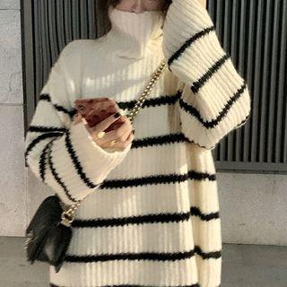 Color-block Striped Turtle-neck Long-sleeve Sweater / Single-breasted Fleece Vest
