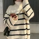 Color-block Striped Turtle-neck Long-sleeve Sweater / Single-breasted Fleece Vest