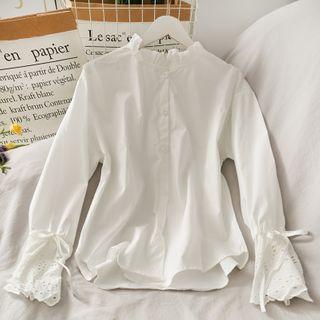 Eyelet Tie-cuff Stand-collar Loose Shirt White - One Size