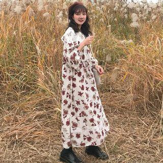 Long-sleeve Floral Maxi A-line Dress As Shown In Figure - One Size