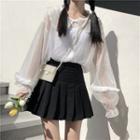 Long-sleeve Sheer Wide-collar Blouse / Pleated A-line Mini Skirt