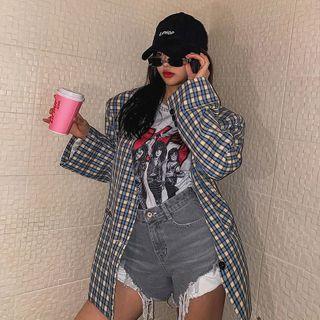 Lapelless Checked Longline Blazer