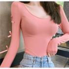 Bow-accent Long-sleeve Slim-fit Top - 2 Colors