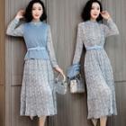 Set: Long-sleeve Floral Print Midi Chiffon Dress + Knit Vest