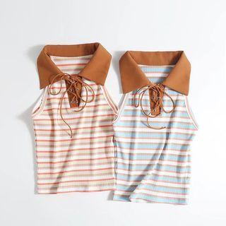 Sleeveless Striped Polo Collar Knit Tank Top