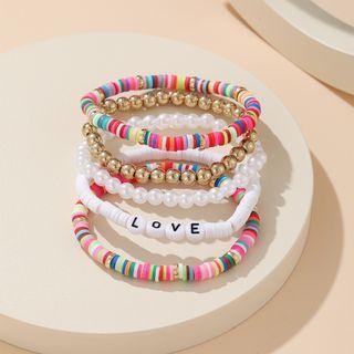 Set Of 5: Bead / Soft Clay / Faux Pearl / Alloy Bracelet (various Designs) Set Of 5 - 5416101 - Red & White & Gold - One Size