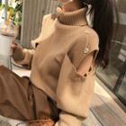 Turtleneck Cutout Shoulder Sweater Khaki - One Size