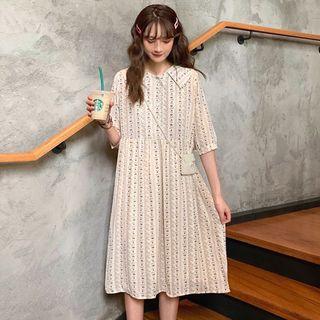 Flower Elbow-sleeve Midi A-line Dress Almond - One Size