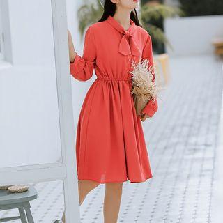 Long-sleeve A-line Plain Dress