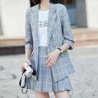 Double-breasted Plaid Blazer / Mini A-line Pleated Skirt / Dress Pants / Set