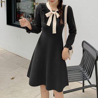 Long-sleeve Ruffle-trim Tie-neck  Dress
