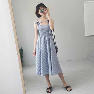 Striped A-line Midi Spaghetti Strap Dress