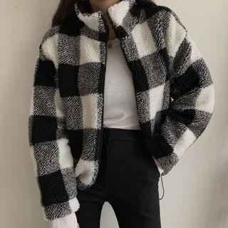 Sherpa-fleece Gingham Zip-up Jacket