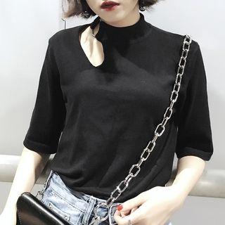 Elbow-sleeve Mock-neck Cutout Top Black - One Size