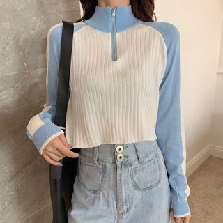 Cropped Two-tone Half-zip Knit Top