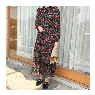 Long-sleeve Rose Print Chiffon Maxi Dress