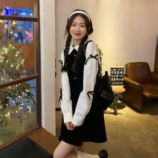 Mock Two-piece Bow Velvet Long-sleeve Dress