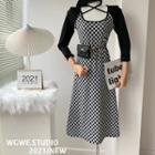 Long-sleeve Checkerboard Knit Midi A-line Dress