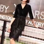 3/4-sleeve Tie Waist Fringed Evening Dress