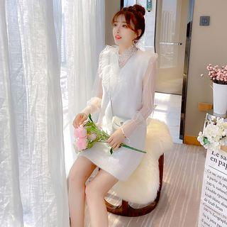Set: Long-sleeve Ruffled Mesh Dress + Plain Knit Vest