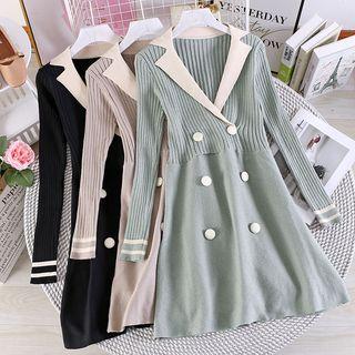 Long-sleeve Double Breasted Pleated Knit Dress