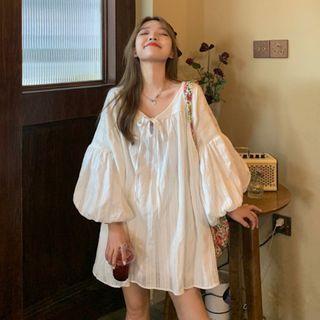 Balloon-sleeve Mini A-line Dress White - One Size