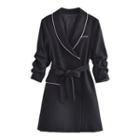 Contrast Trim Double-breasted Sashed Coat Dress