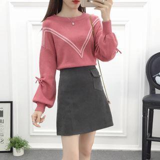 Set: Lace-up Knit Top + Plain Skirt