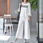 Set: 3/4-sleeve Lettering Top + Band-waist Cropped Pants