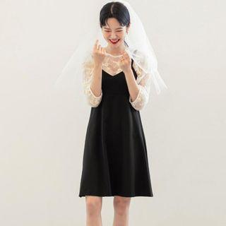 3/4-sleeve Lace Blouse / Spaghetti Strap A-line Dress