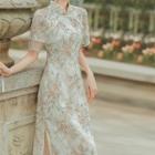Short-sleeve Beaded Fringe Floral Midi Qipao Dress
