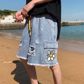 Flower Print Cutout Frayed Denim Shorts