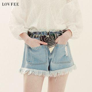 Tie-waist Loose-fit Pocketed Wide-leg Washed Shorts