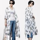 Open-front Leaf Print Long Cardigan With Sash Ivory - One Size