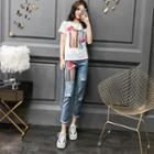 Set: Sequined Short-sleeve T-shirt + Cropped Straight-cut Jeans