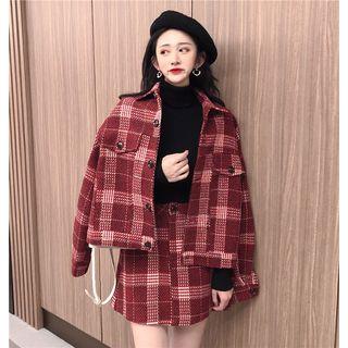 Set Of 2: Plaid Woolen Button Jacket + Plaid A-line Skirt