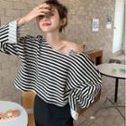 Long-sleeve Off-shoulder Striped Cropped Top Black - One Size