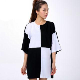 Elbow-sleeve Two Tone Shift Dress Black & White - One Size