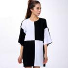 Elbow-sleeve Two Tone Shift Dress Black & White - One Size