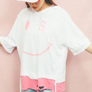 Smiley Face Print Mock Two Piece 3/4 Sleeve Hoodie