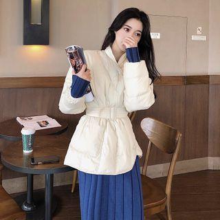 Buckled Padded Jacket / Long-sleeve Midi Sheath Knit Dress