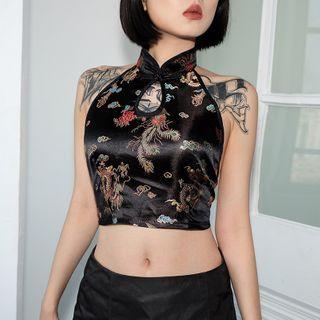 Sleeveless Print Cropped Qipao Top